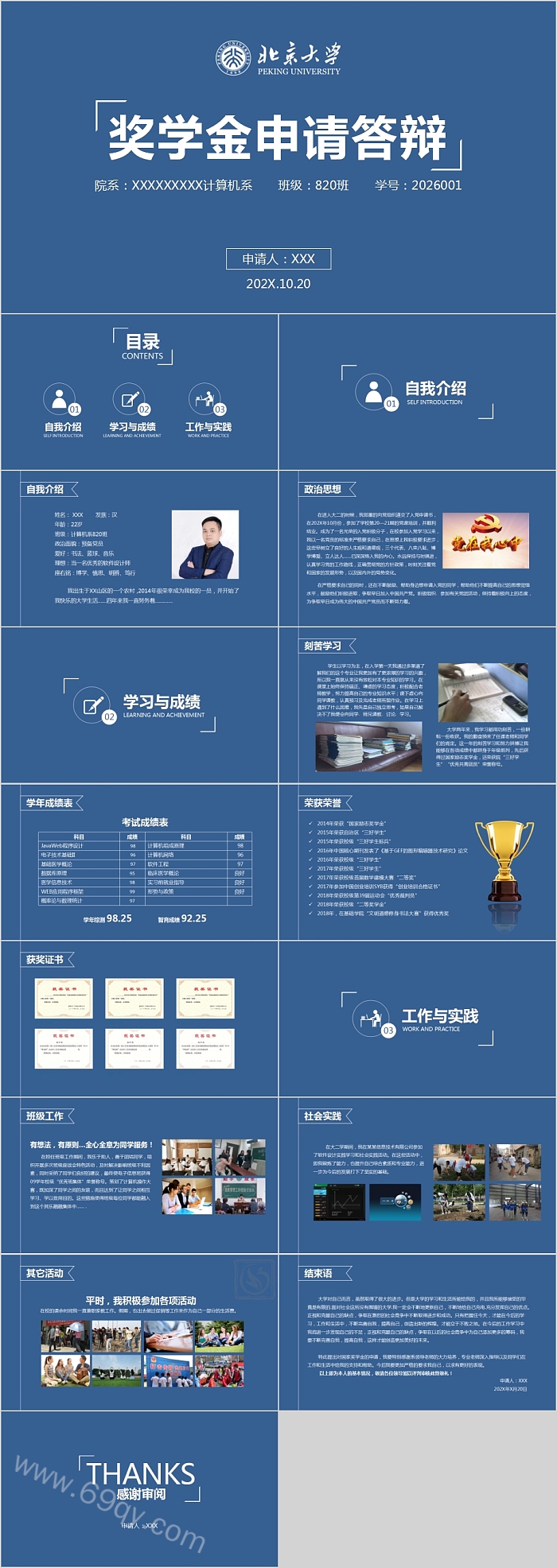 蓝色奖学金申请答辩PPT模板