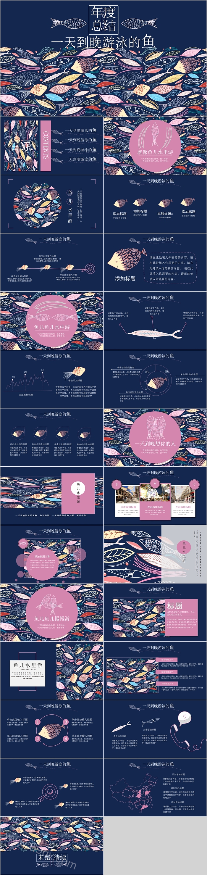 一天到晚游泳的鱼年度总结汇报PPT模板