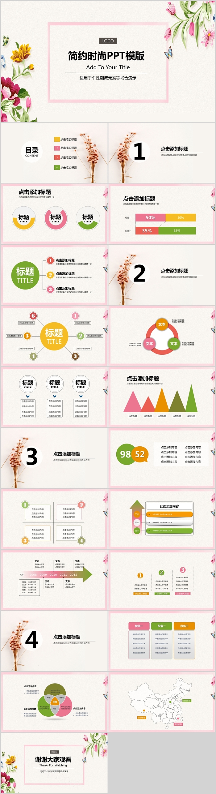 简约时尚古风花卉述职报告PPT模板