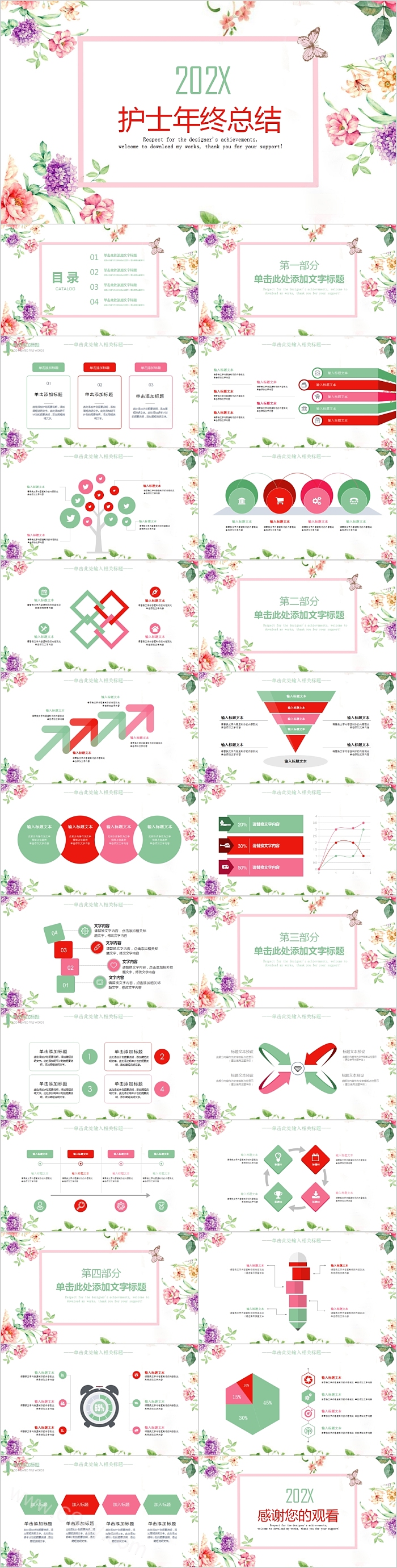 清新花卉护士年终总结PPT模板