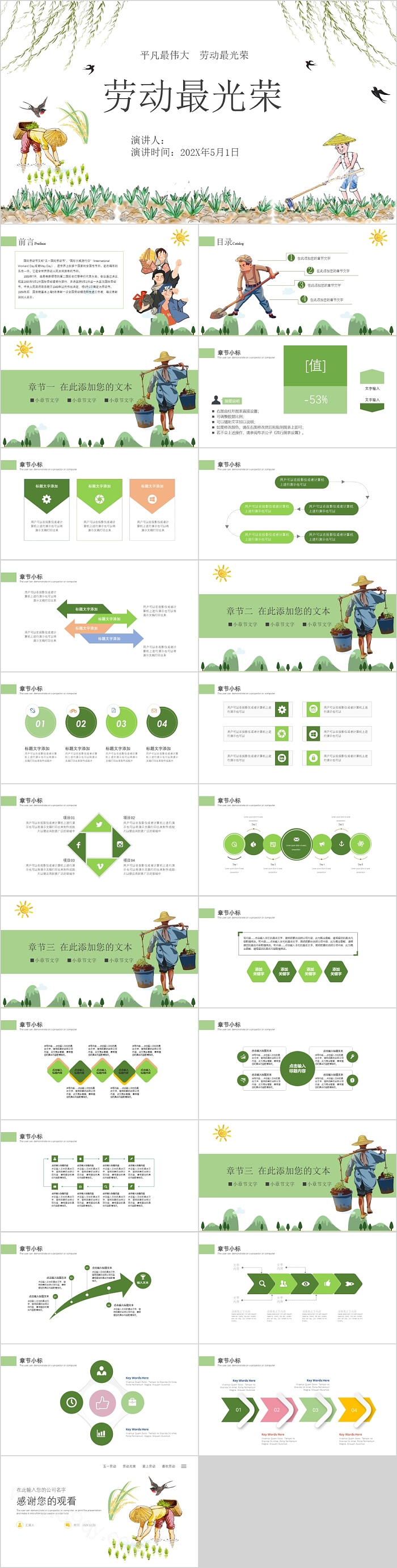 创意绿色清新卡通五一劳动节主题班会PPT模板