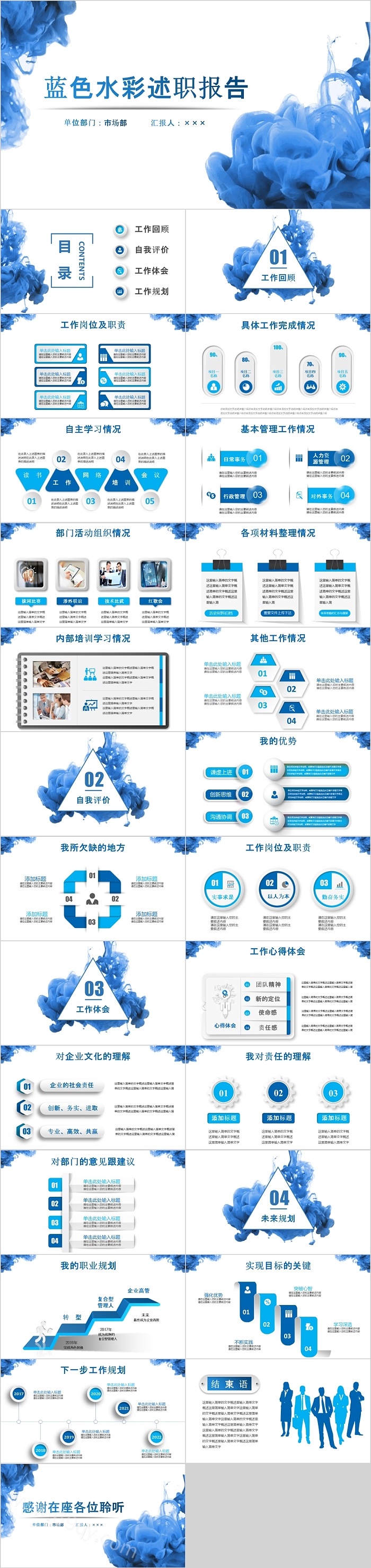 蓝色水彩述职报告PPT模板