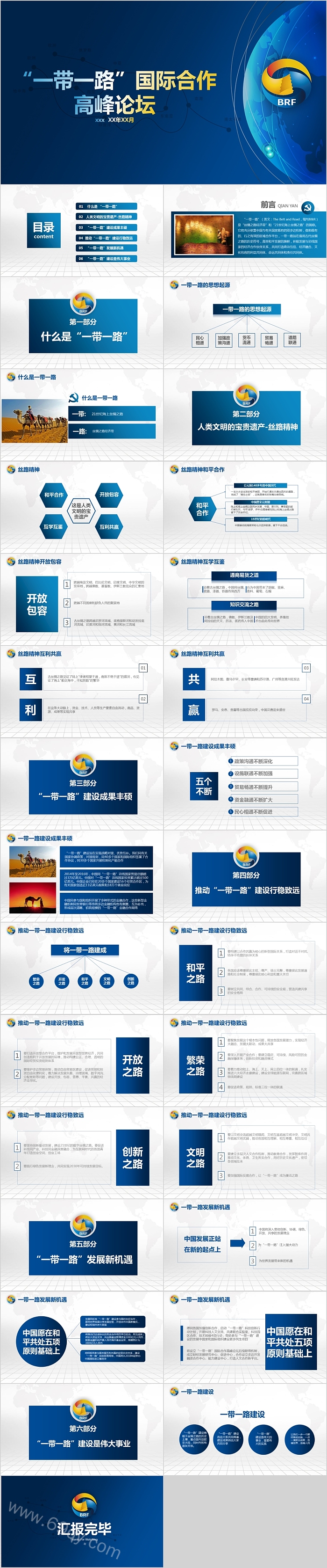 蓝色大气一带一路国际合作高峰论坛PPT模板