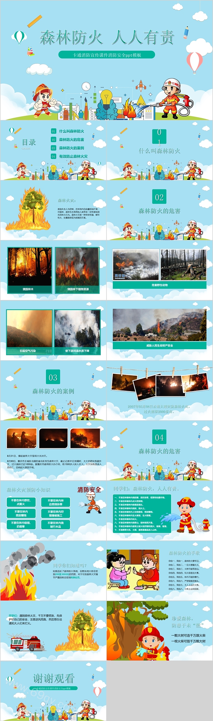卡通森林防火人人有责消防宣传课件消防安全PPT模板