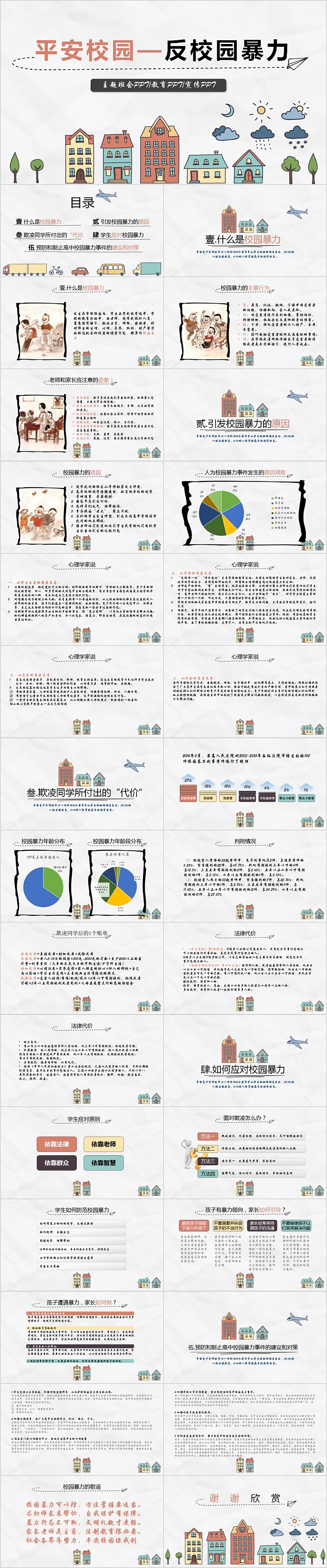 简约清新平安校园反校园暴力主题班会教育PPT模板