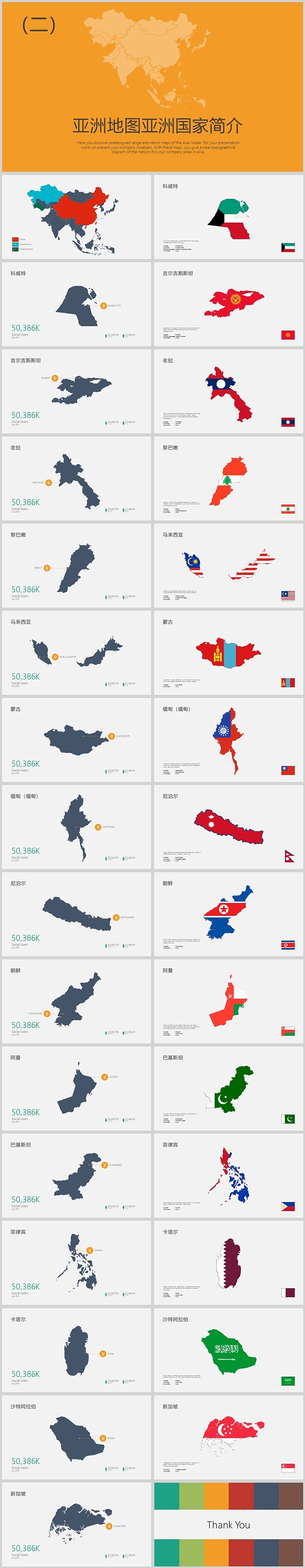 黄色亚洲地图亚洲国家简介PPT模板（可编辑东南亚各国图表合集）