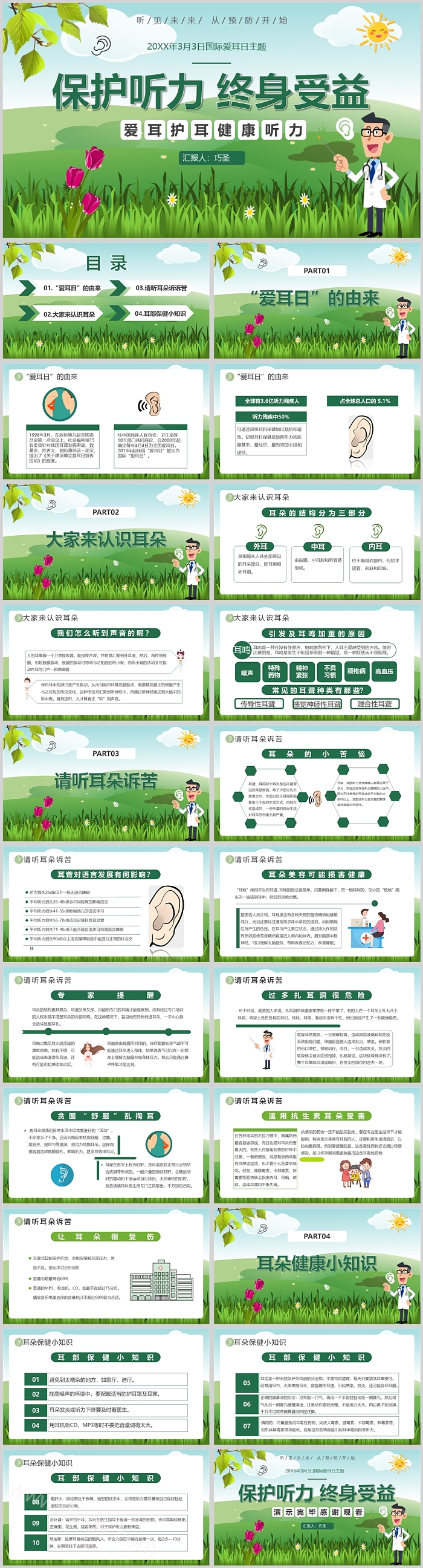 卡通风保护听力终身受益国际爱耳日活动宣传PPT模板
