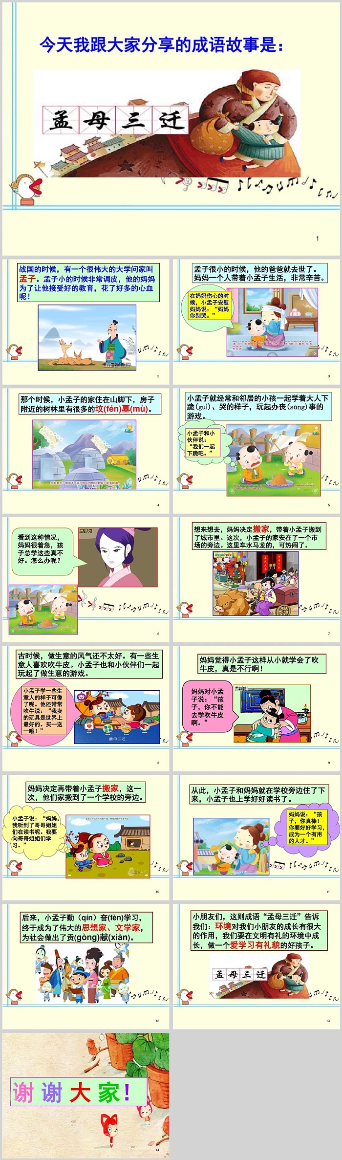 卡通儿童小学生二年级语文《孟母三迁》成语故事绘本ppt课件
