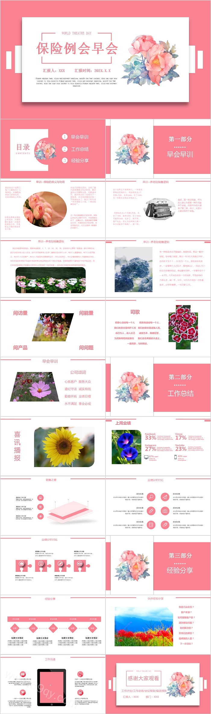 清新花卉保险例会早会PPT模板