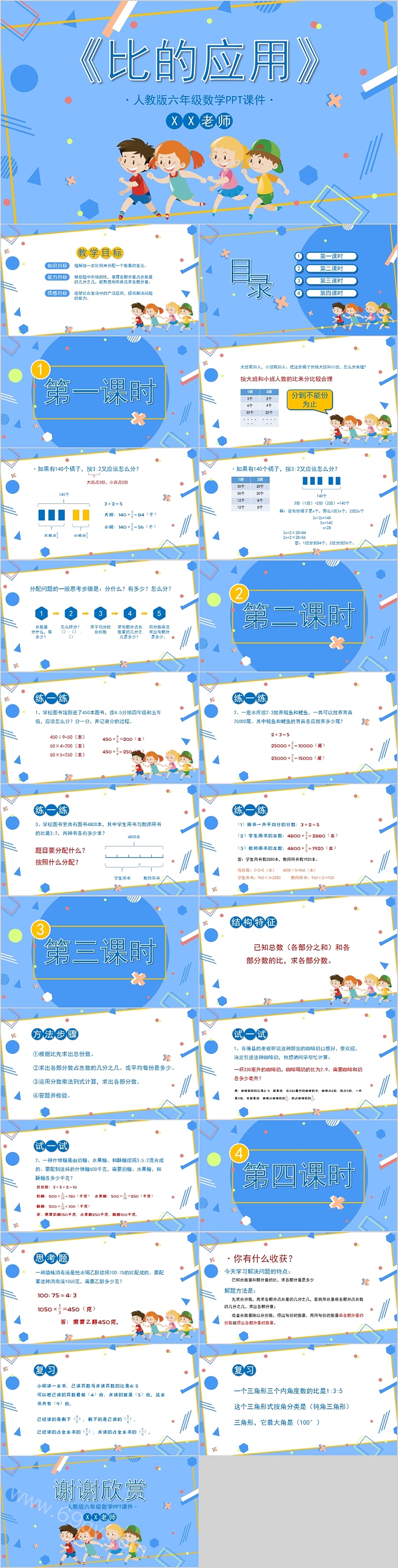 简约蓝色人教版六年级数学比的应用PPT课件