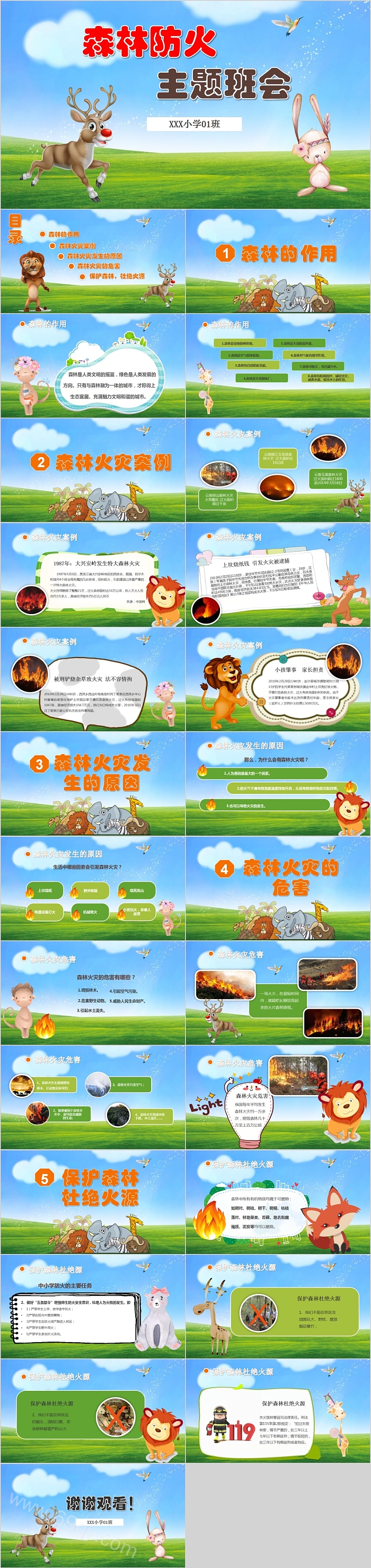 卡通简约森林防火主题班会PPT模板