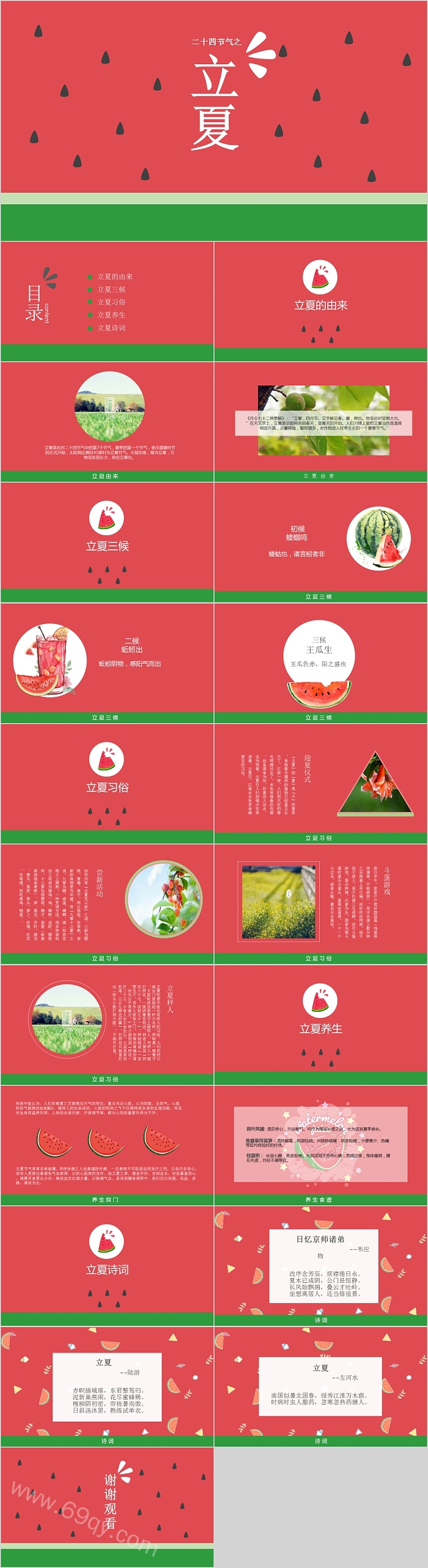 唯美小清新西瓜风格二十四节气之立夏PPT模板