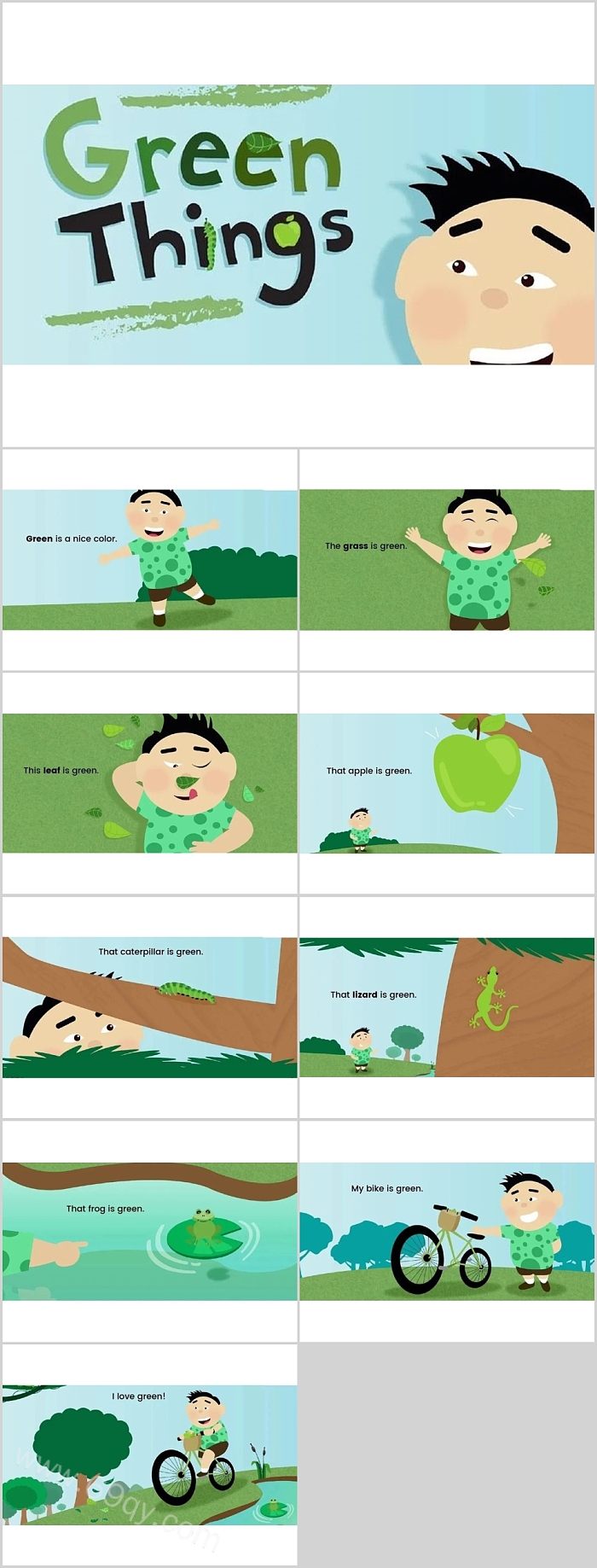 卡通创意儿童小学绿《green things 》英语绘本故事ppt课件