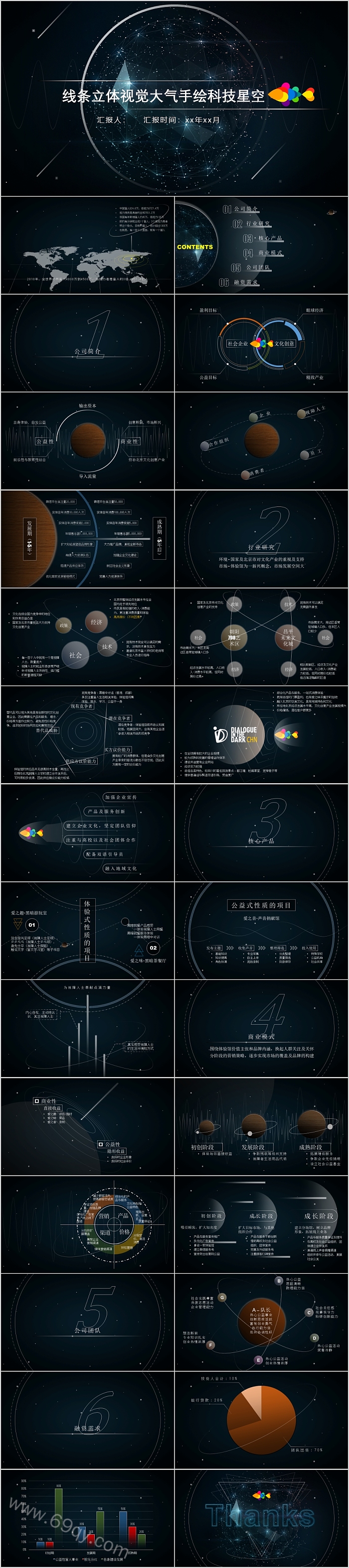 线条立体视觉大气手绘科技星空融资商业报告ppt模板