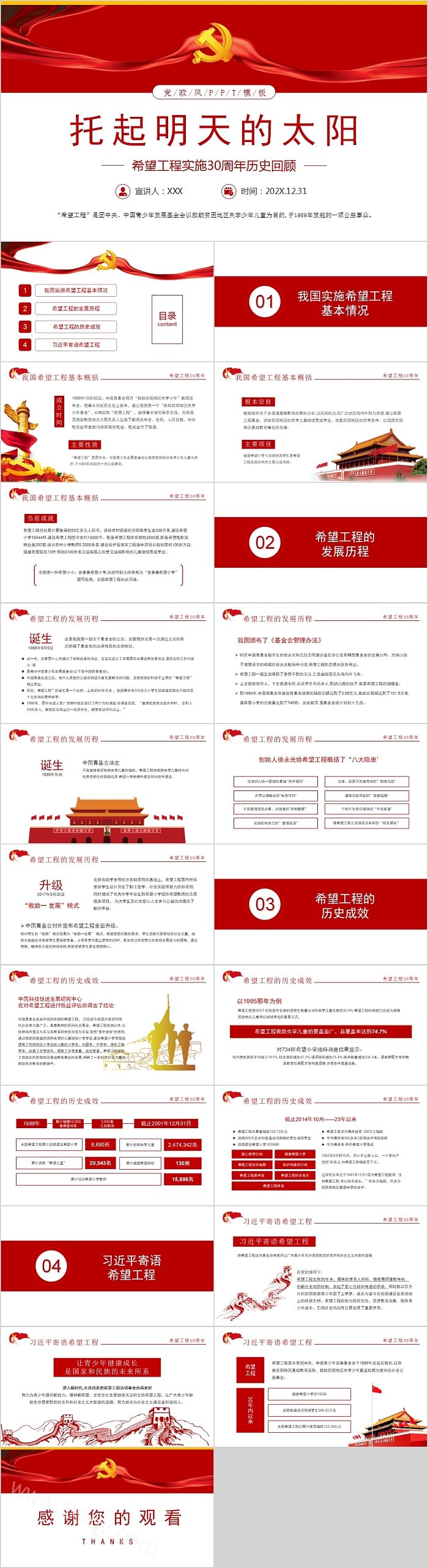 红色党政风托起明天的太阳希望工程实施30周年历史回顾党政党建PPT课件