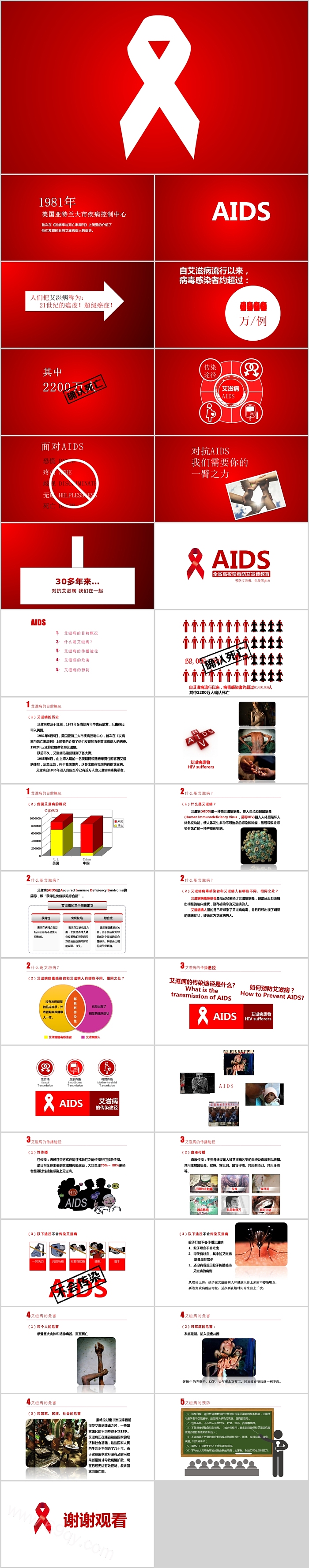 精美爱心世界艾滋病日艾滋病宣传及预防PPT模板