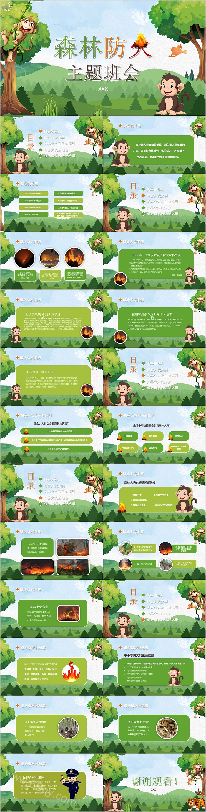 卡通精美简约森林防火主题班会PPT课件